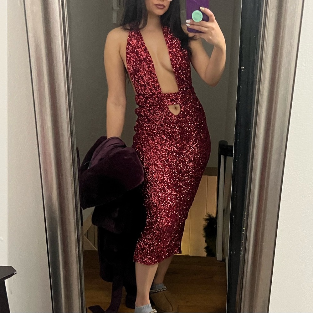 Embellished Cut-Out Open-Back Midaxi Dress in Red